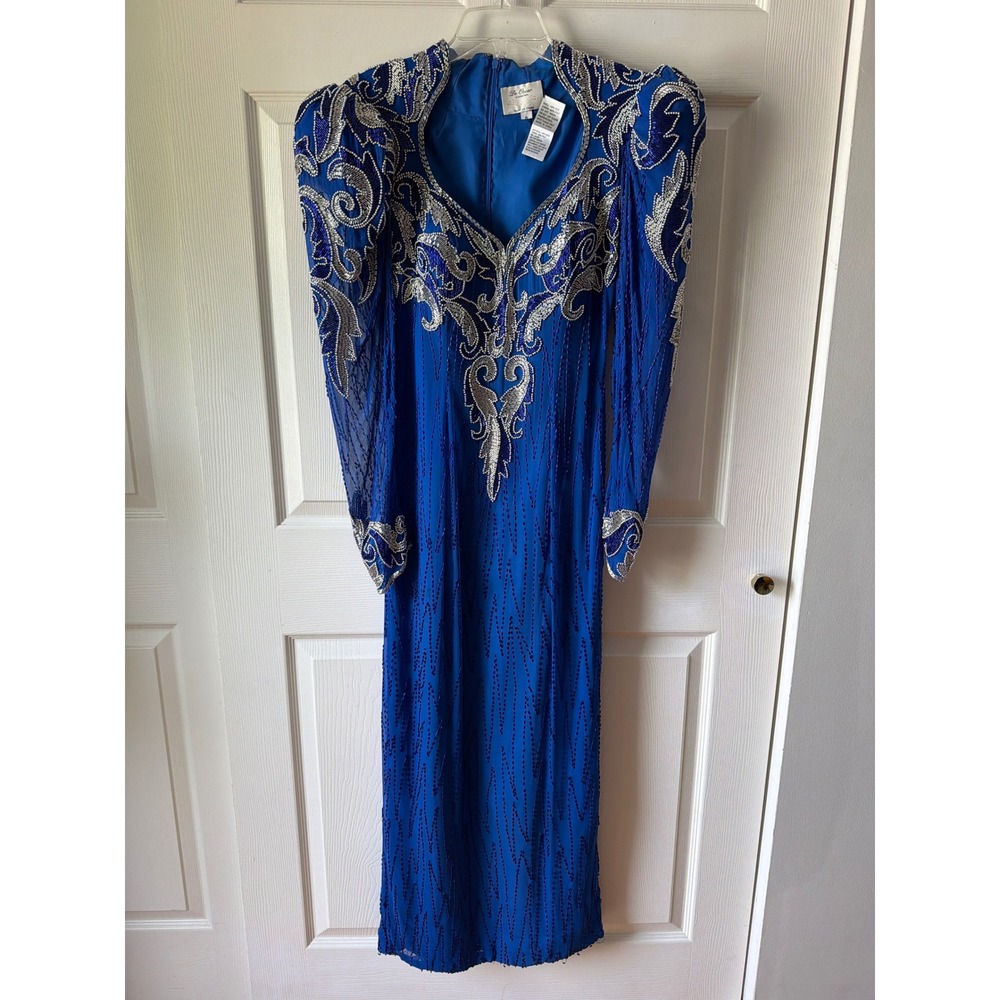Vintage 80s 90s Silk Beaded Gown Cobalt Blue Dynasty Formal Glam Western Dolly - Picture 9 of 13